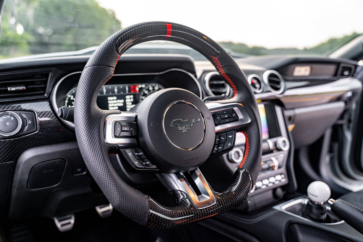 Steeda Q850 Mustang Carbon Fiber Steering Wheel Red Stitching/Red Sightline (2018-2023)